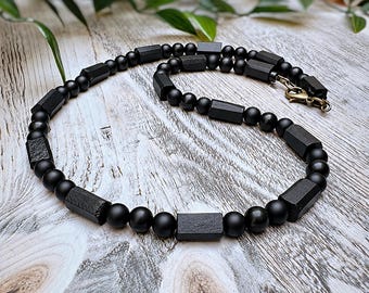 Men's Shungite & Frosted Agate Nugget Bead Necklace: Boho Gemstone Jewellery
