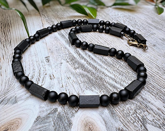 Men's Shungite & Frosted Agate Nugget Bead Necklace: Boho Gemstone Jewellery