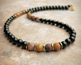 Men's Picasso Jasper Gemstone Bead Necklace, Black and Gold Boho Jewellery For Men