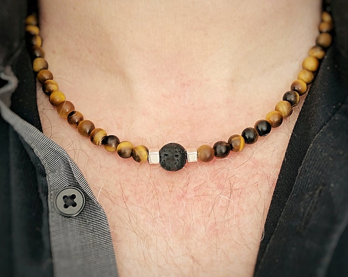 Men's Frosted Grade A Tiger Eye Lava Bead Necklace