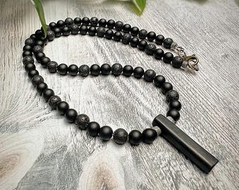 Men's Shungite, Lava & Frosted Agate Pendant Necklace: Boho Gemstone Jewellery