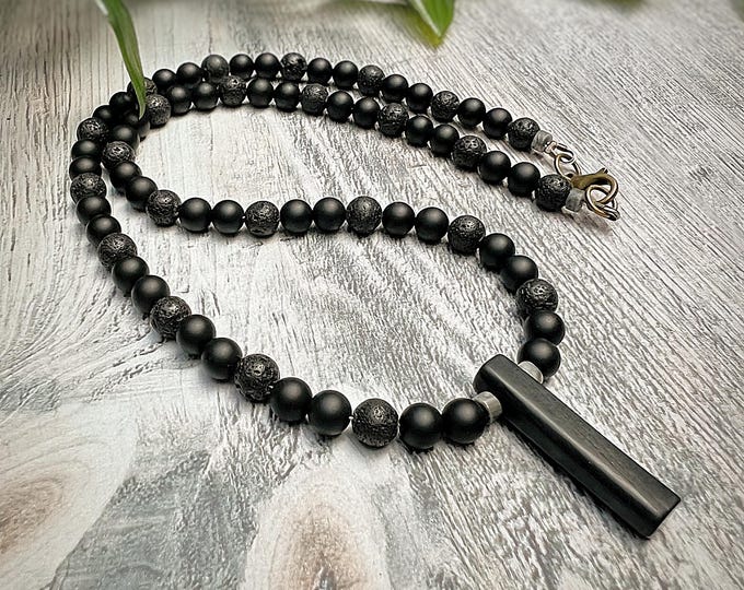 Men's Shungite, Lava & Frosted Agate Pendant Necklace: Boho Gemstone Jewellery