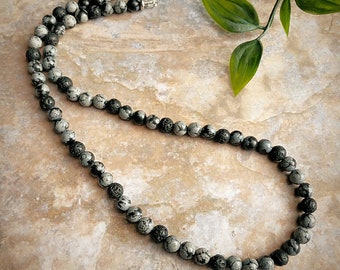 Men's Snowflake Obsidian & Lava Bead Necklace, Boho Grey Gemstone Jewelry