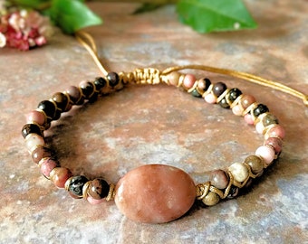 Hand Knotted Clear Expression Rhodonite Gemstone Bracelet