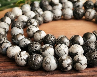 Men's Snowflake Obsidian & Lava Bead Necklace, Boho Grey Gemstone Jewelry