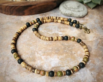 Men's Rustic Agate or Unakite Coconut Bead Necklace