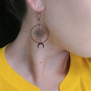Celestial - Sun and Moon - Astronomy - Brass - Geometric - Sunburst - Starburst - Dangly - Crescent Moon - Textured