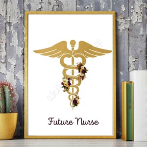 May include: Gold medical caduceus symbol with a floral wreath, on a white background with the text "Future Nurse".