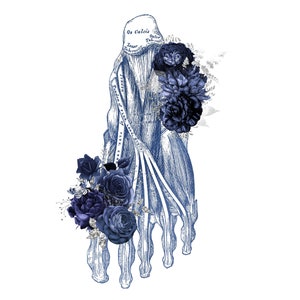 Blue Human Anatomical Foot, Blue Floral, Roses, Carnations, Butterfly