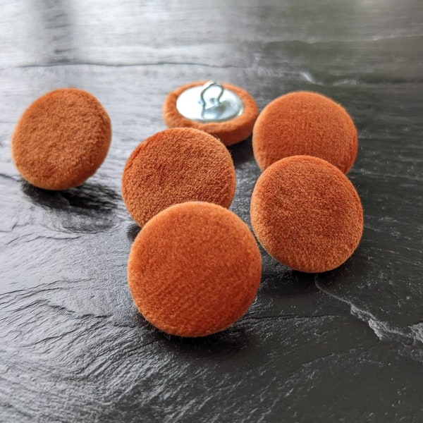 Rust orange velvet covered buttons 14mm, 19mm, 23mm, 25mm or 31mm, hand covered metal shank button in packs of 2, 4, 6 or single