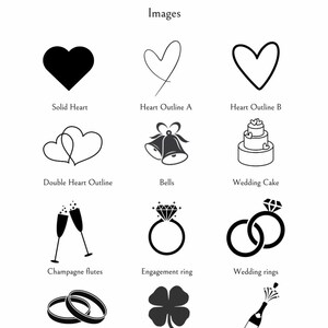 May include: A collection of black and white line art images, including a solid heart, heart outlines, wedding bells, a cake, champagne flutes, an engagement ring, wedding rings, wedding bands, a four-leaf clover, and a champagne bottle. The text "Images" is above the illustrations.