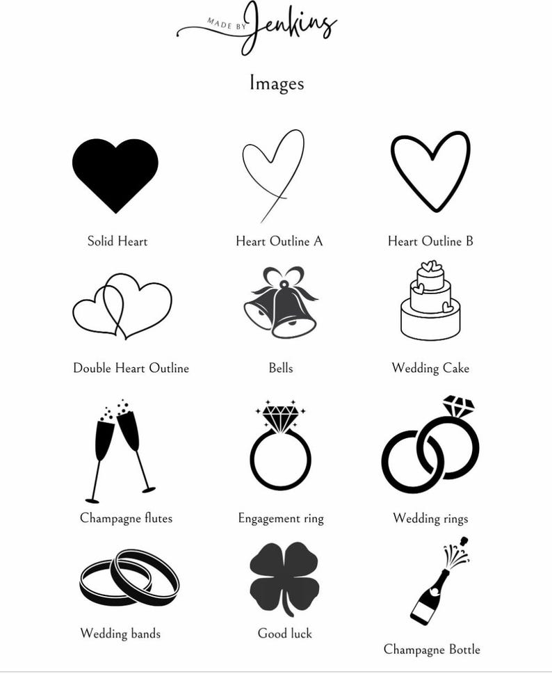 May include: A collection of black and white line art images, including a solid heart, heart outlines, wedding bells, a cake, champagne flutes, an engagement ring, wedding rings, wedding bands, a four-leaf clover, and a champagne bottle. The text "Images" is above the illustrations.