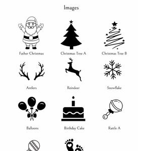 May include: A collection of black and white illustrations featuring holiday and celebratory themes. Includes images of Santa Claus, Christmas trees, reindeer, snowflakes, balloons, a birthday cake, baby rattles, and baby footprints. Text reads "MADE BY Jenkins" and "Images".