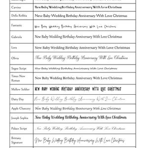 May include: A chart displaying various font styles, each paired with the phrase "New Baby Wedding Birthday Anniversary With Love Christmas." Fonts range from classic to script, showcasing design options for invitations or announcements.