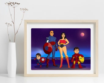 Cartoon illustration, Father's Day Gift, Superhero Illustration, Personalised Portrait, Family Gift Boyfriend gift, Girlfriend gift.