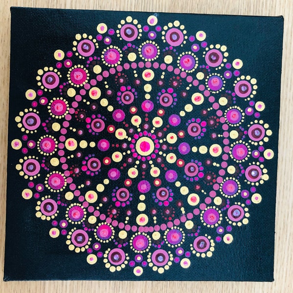 Red and gold painted dot mandala canvas