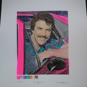 May include: A colour screen print of a man with a moustache and a Hawaiian shirt, leaning out of a pink car. The print is signed "Magnum" and "Degas" and numbered "4/12".