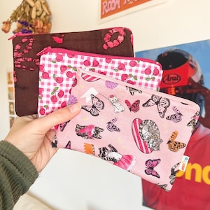 3 MOTIFS ! Mini pochette rose faite main à fermeture éclair | Money Makeup - Sac de voyage hygiénique avec cordon d'organisation | Vichy marron princesse rose et cerise