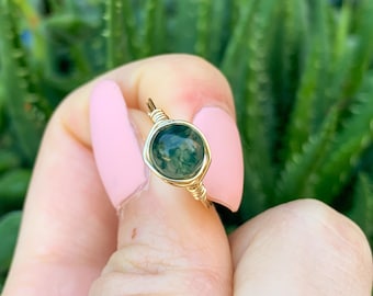 moss agate ring three tiny gemstones ring Moss agate wire wrapped ring wire wrapped crystal rings gold and green ring non tarnish ring