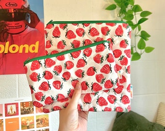 Strawberry Quilted Zipper Pouch | Handmade Makeup Pencil Bag | Gifts for Her