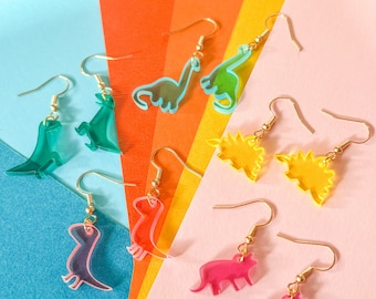 The Dinosaur Earrings - Nickel Free | 5 Bright + Transparent Colors | Silver + Gold | Customizable