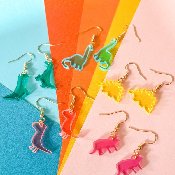 The Dinosaur Earrings - Nickel Free | 5 Bright + Transparent Colors | Silver + Gold | Customizable