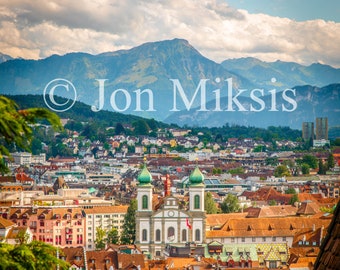 Lucerne Switzerland Skyline Print, Summer Landscape, Cityscape Photo