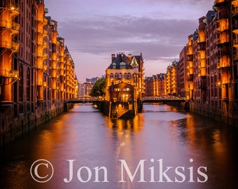 Hamburg Speicherstadt Sunset Print, Industrial District Reflections