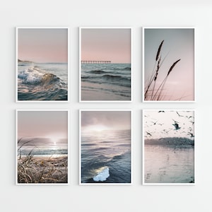 Set of 6 Printable Art. Pink sea wave at sunset. DIGITAL download. Sea Mood. Coastal Gallery Wall Set