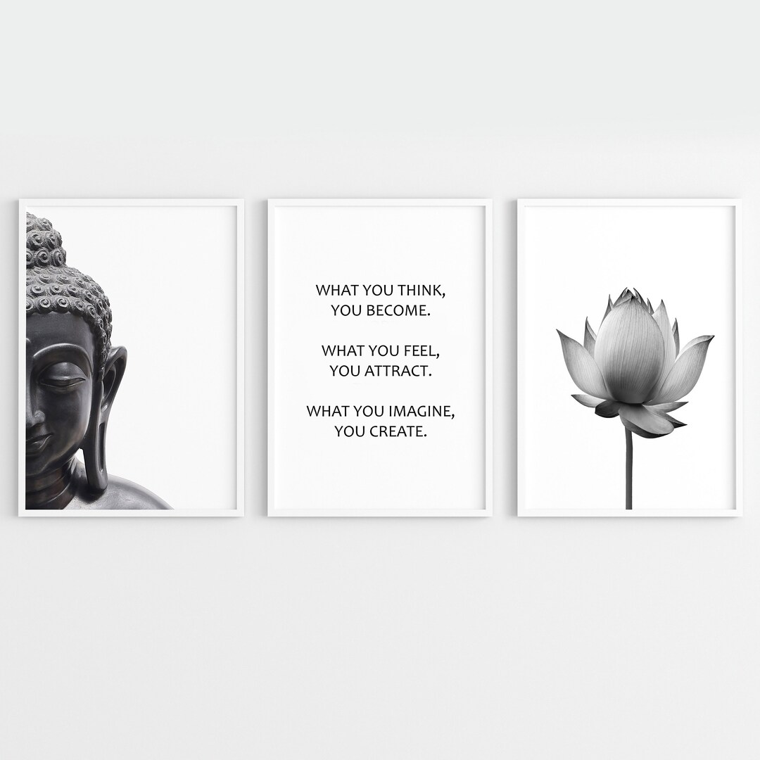 Set of 3 Prints, Buddha Wall Art, Zen Wall Art, Minimalist Black and