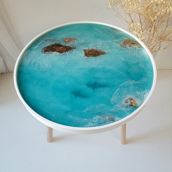 Small coffee table. Clear round epoxy resin art side table. Sea ocean resin art decor.