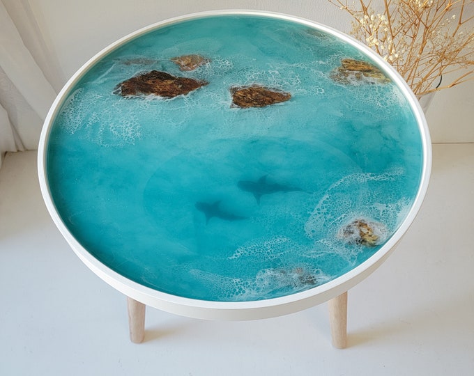 Small Coffee Table. Clear Round Epoxy Resin Art Side Table. Sea Ocean