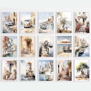 Set de 15 piezas: Arte imprimible en acuarela con ambiente marino veraniego. DESCARGA DIGITAL. Autobús VW Ven retro. Ciudad europea antigua.