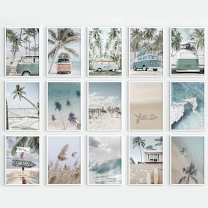 15 piece set: vw bus print - Retro VW bus sign. Car on the beach print. Summer Beach Vibe Printable Art. DIGITAL DOWNLOAD.  Beach palm trees