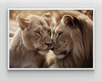 Printable wall art. Large lion Print. A pair of lions in love wall art. Lion & Lioness Couple Set of 2 Prints Download. Digital Download