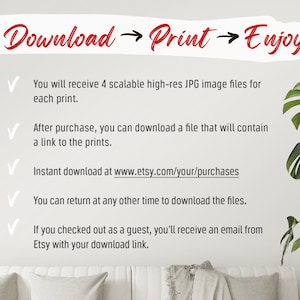 Op de afbeelding: Een witte achtergrond met rode tekst die "Download Print Enjoy" luidt. Er zijn vijf vinkjes met tekst die beschrijft hoe je digitale bestanden kunt downloaden na aankoop. De tekst bevat het websiteadres www.etsy.com/your/purchases.