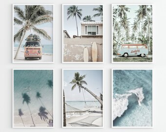 Trendy Modern printable wall art set of 6. Summer Beach Travel posters. Retro bus, surfers, hammock, surf boards, palm trees on a beach