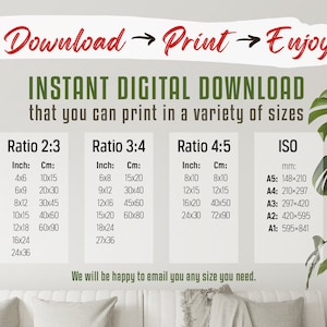 Op de afbeelding: Een digitale downloadgids voor het afdrukken van afbeeldingen in verschillende formaten. De gids bevat drie verschillende beeldverhoudingen: 2:3, 3:4 en 4:5. Elke verhouding heeft een tabel met inch- en centimetermaten. De gids bevat ook een tabel voor ISO-papierformaten met millimetermaten.