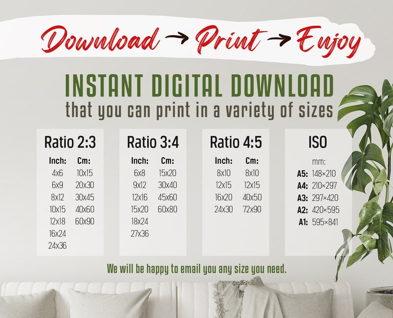 Op de afbeelding: Een digitale downloadgids voor het afdrukken van afbeeldingen in verschillende formaten. De gids bevat drie verschillende beeldverhoudingen: 2:3, 3:4 en 4:5. Elke verhouding heeft een tabel met inch- en centimetermaten. De gids bevat ook een tabel voor ISO-papierformaten met millimetermaten.