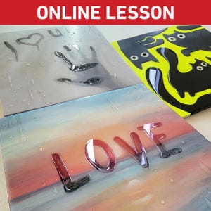 May include: Three canvases with different designs painted in resin. The first canvas has a gray background with a handprint and the words "I love you". The second canvas has a yellow background with black cats. The third canvas has a sunset background with the word "LOVE" written in red resin.