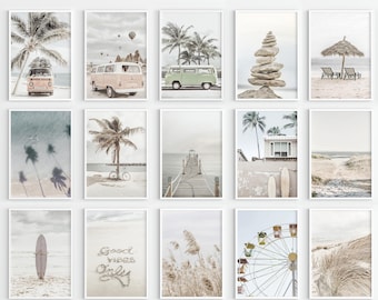Neutral Beach Gallery Wall Set: VW Bus, Palm Trees (Digital Prints)