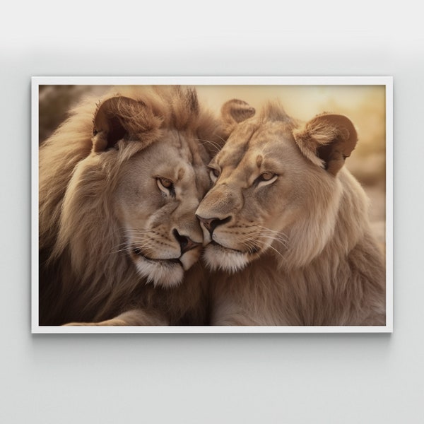 Printable wall art. Large lion Print. A pair of lions in love wall art. Lion & Lioness Couple Set of 2 Prints Download. Digital Download