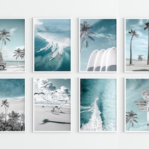 Printable Art Set Of 8, Aerial Photos of Summer Beach, Van, Surfer, Palms and Ocean Wave. Poster.