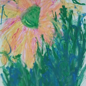 May include: A vibrant painting featuring a large, stylized peach and yellow flower with a prominent green center. The flower is surrounded by thick, expressive brushstrokes of dark green and blue paint, creating a textured, layered appearance.