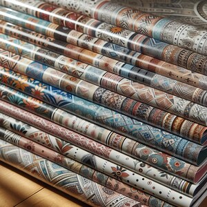 May include: A stack of colorful patterned wrapping paper with intricate designs. The paper is rolled up and stacked on top of each other. The paper is a variety of colors, including blue, red, green, and yellow.