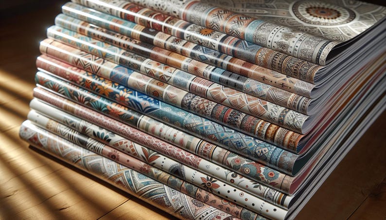 May include: A stack of colorful patterned wrapping paper with intricate designs. The paper is rolled up and stacked on top of each other. The paper is a variety of colors, including blue, red, green, and yellow.