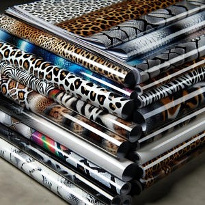 May include: A stack of colorful vinyl sheets with animal print designs, including leopard, zebra, snake, and tiger patterns.