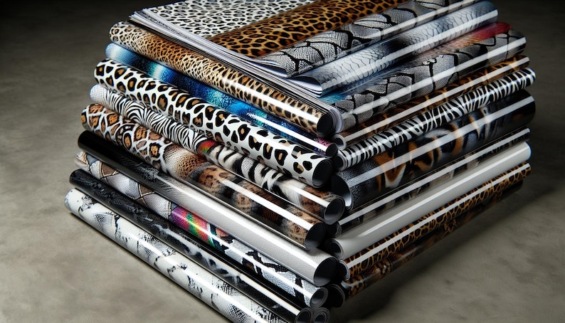 May include: A stack of colorful vinyl sheets with animal print designs, including leopard, zebra, snake, and tiger patterns.