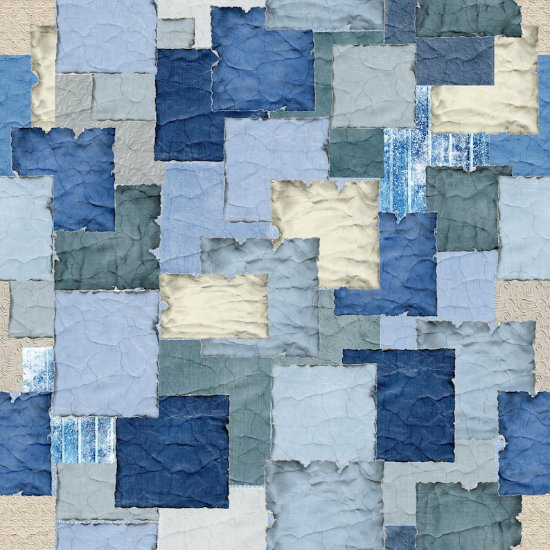 May include: Abstract art print featuring a patchwork of blue, gray, and white squares and rectangles. The squares and rectangles are arranged in a random pattern, creating a visually interesting and dynamic design.