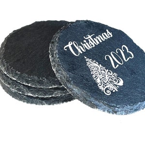 Custom Laser Engraved Slate Coasters 4 round or square Set of 4 Any Text or Silhouette Image 画像 4